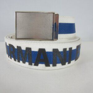Armani Exchange Mens L White Blue Black Canvas Belt Adjustable Buckle 35 - 40